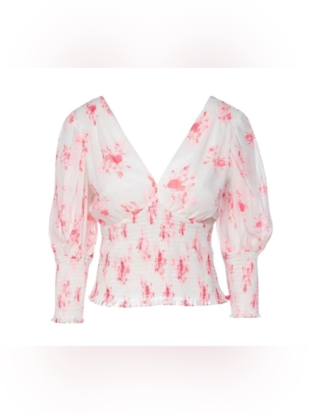 Self-Portrait Pink Floral Smocked V-Neck Blouse - Size 4